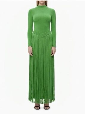 Herve Leger Emerald Green Long Sleeve Fringe Maxi Dress